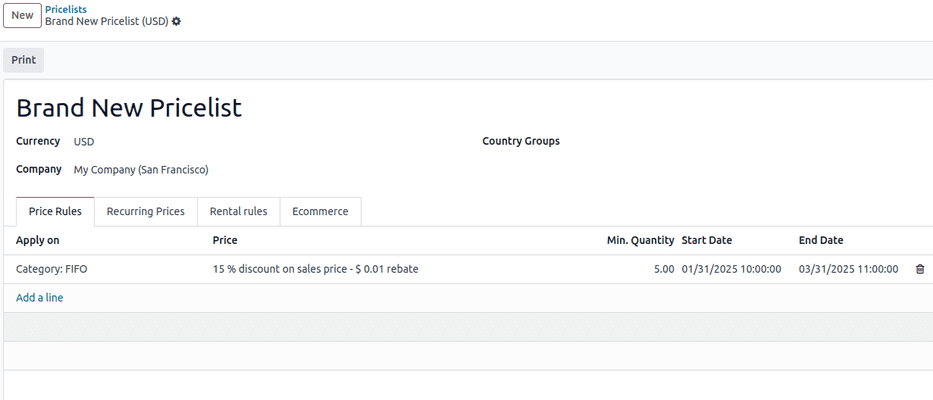 How the pricelist detail form looks in ViableView Sales.