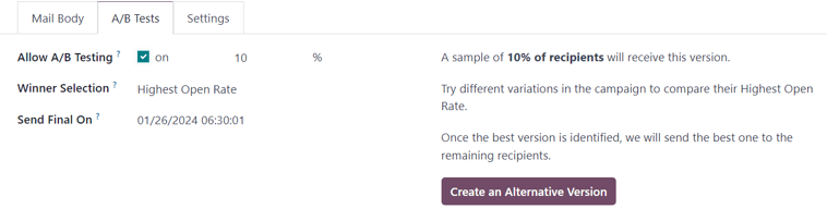 View of the A/B Tests tab in ViableView Email Marketing application.