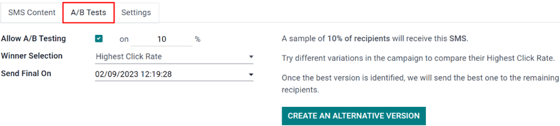 The A/B Test tab is located on an ViableView SMS Marketing app campaign form.