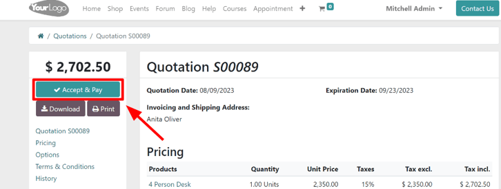 The accept and pay button on an online quotation in ViableView Sales.
