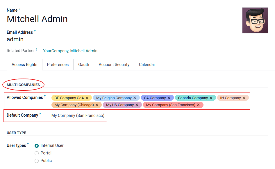 View of an user form emphasizing the multi companies field under the access rights tabs in ViableView.