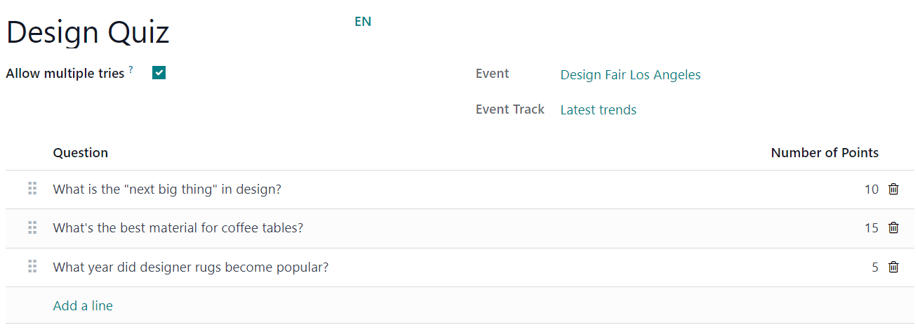 The Add Quiz page in the ViableView Events application for an event track.