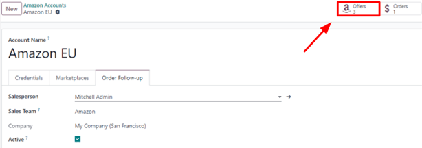 The Amazon Offers smart button on the account form in ViableView Sales.