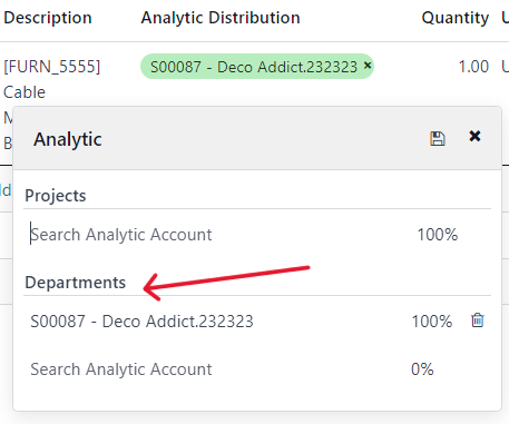 How to select the Analytic Distribution department from a purchase order in ViableView.
