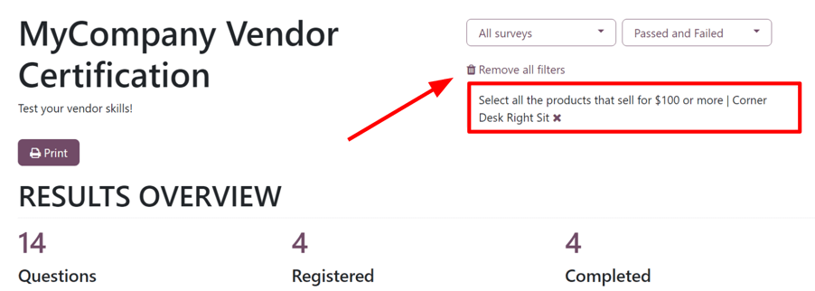 The applied filter on the 'See results' page in the ViableView Surveys application.