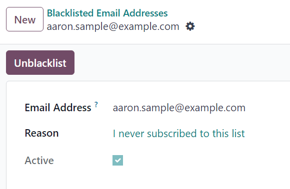 View of a blacklisted contact detail form in ViableView Email Marketing.