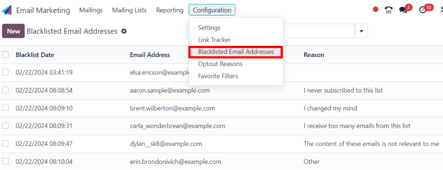 View of the blacklisted email addresses page in ViableView Email Marketing.