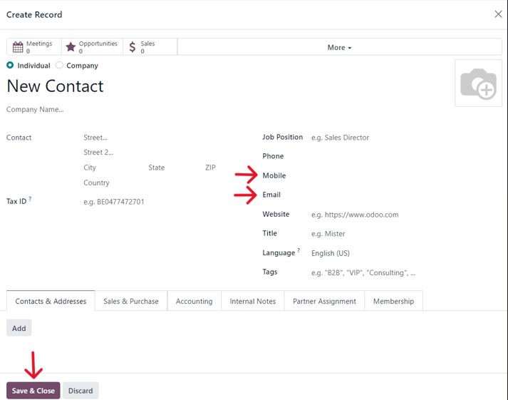 A blank contact form from a launch test pop-up window in ViableView Marketing Automation.
