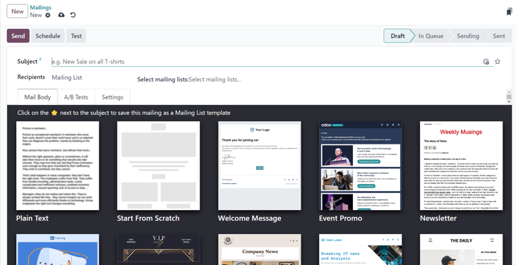 View of a blank email detail form in ViableView Email Marketing application.