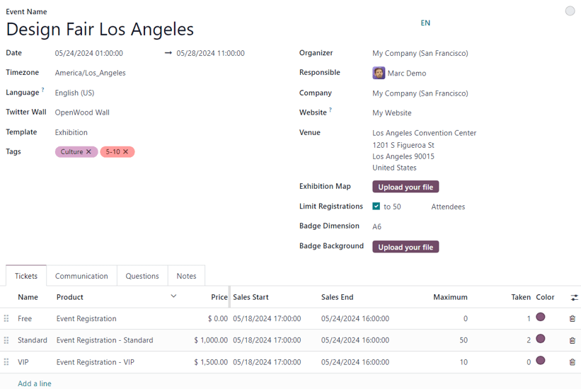 Typical event template in the ViableView Events application.