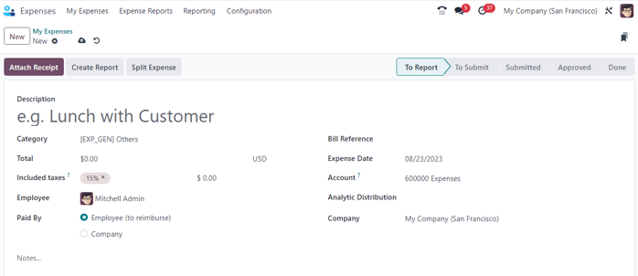 A blank expenses form in the ViableView Expenses application.