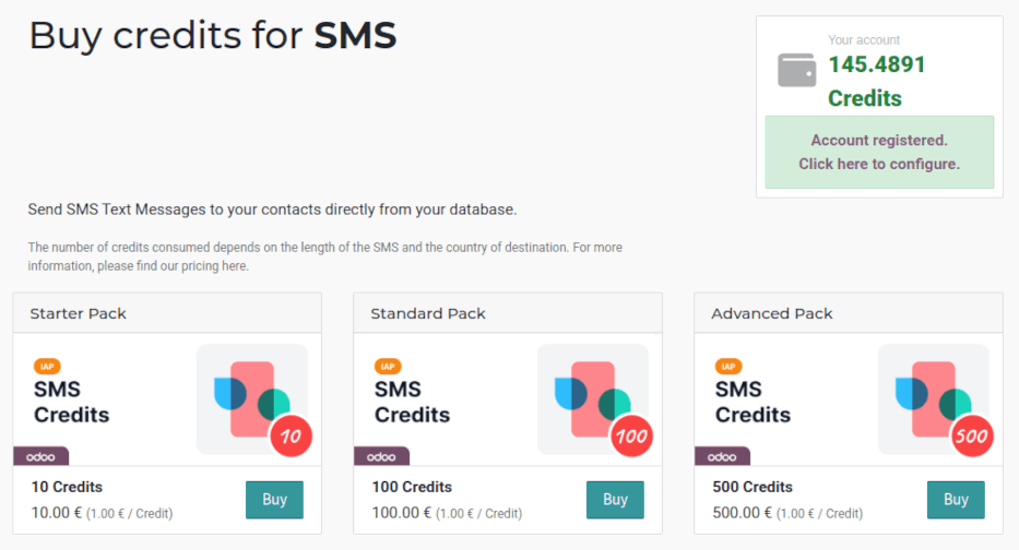 The SMS service page on IAP.ViableView.com with four packs of credits available for purchase.