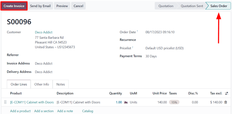 Cabinet with doors sales order that's been confirmed in the ViableView Sales application.