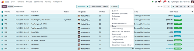 The Cancel quotations option on the Actions drop-down menu in the ViableView Sales application.