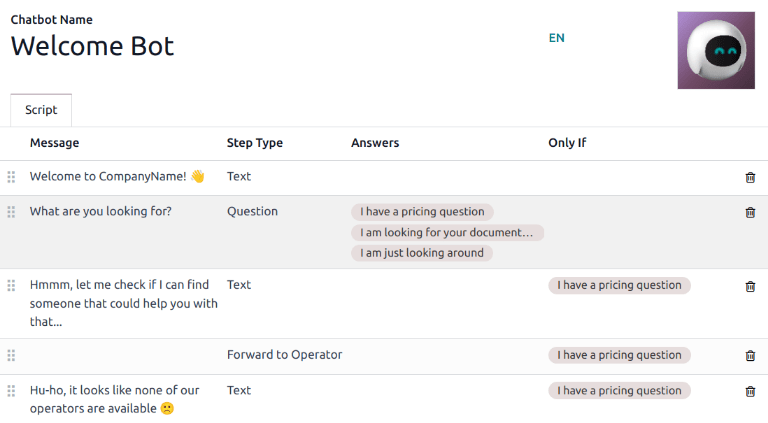 View of the Welcome Bot script in ViableView Live Chat.