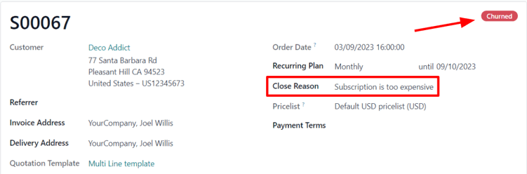 A churned sales order for a closed subscription in ViableView Subscriptions.