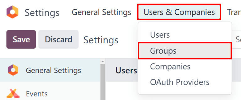 Groups menu in the Users & Companies section of the Settings app of ViableView.