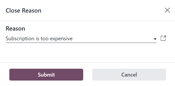 The Close Reason pop-up when the Close button is clicked in ViableView Subscriptions.