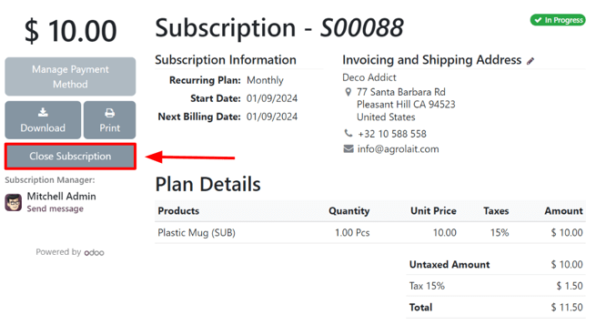 Close subscription button on a customer's view of a sales order in ViableView Subscriptions.