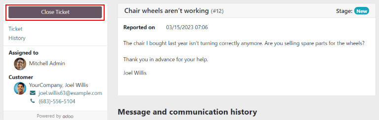 Customer view of ticket closing in ViableView Helpdesk.