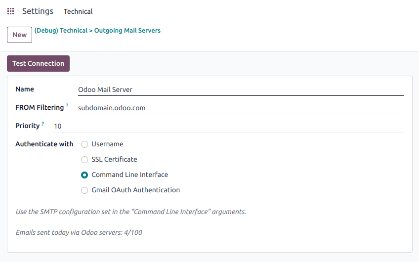 Adding a mail server using the ViableView's mail server with the CLI authentication.
