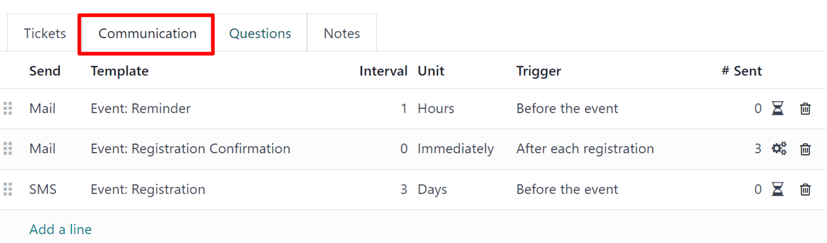 Typical communication tab on an event form in the ViableView Events application.