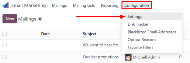 View of the Configuration menu with Settings page in the ViableView Email Marketing application.