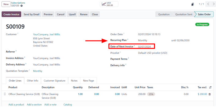 A confirmed subscription sales order in the ViableView Subscriptions application.