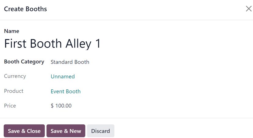 A Create Booths pop-up window in the ViableView Events application.