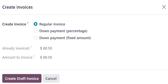 The deduct down payment option on the create invoices pop up in ViableView Sales.