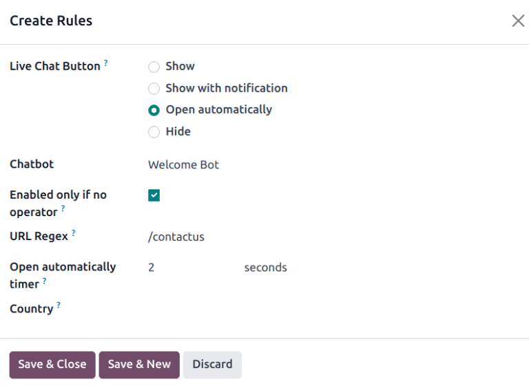 View of a channel's rules form for ViableView Live Chat.