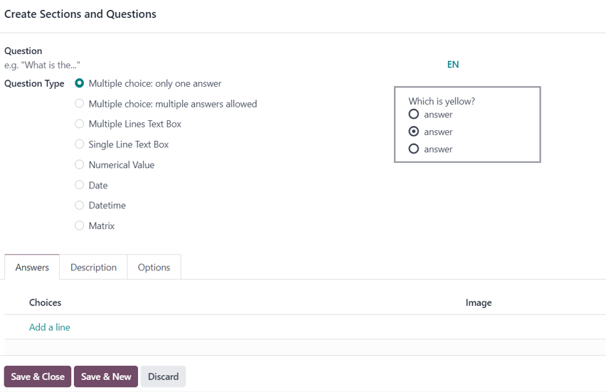 The Create Sections and Questions pop-up form in ViableView Surveys.