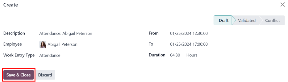 Filling in the work entry Create form in ViableView.