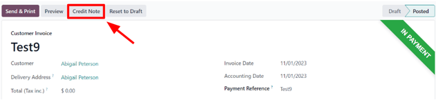 A typical customer invoice with a Credit Note button highlighted in ViableView Sales.