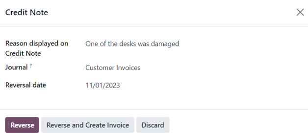 Typical credit note pop-up form that appears in ViableView Sales.
