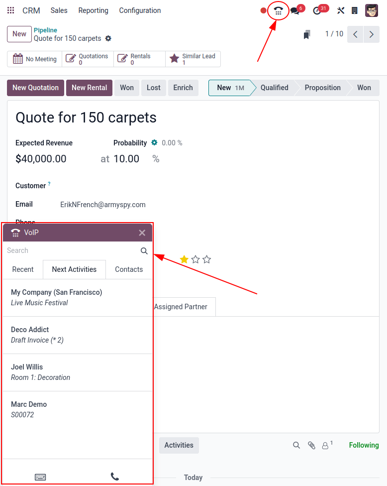 View of CRM leads and the option to schedule an activity for ViableView Discuss.