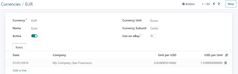 How a currency detail form looks in ViableView Accounting.