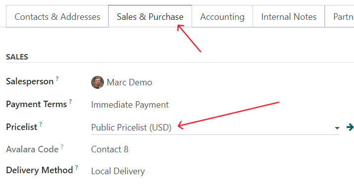 The pricelist field in a customer detail form in ViableView Sales.