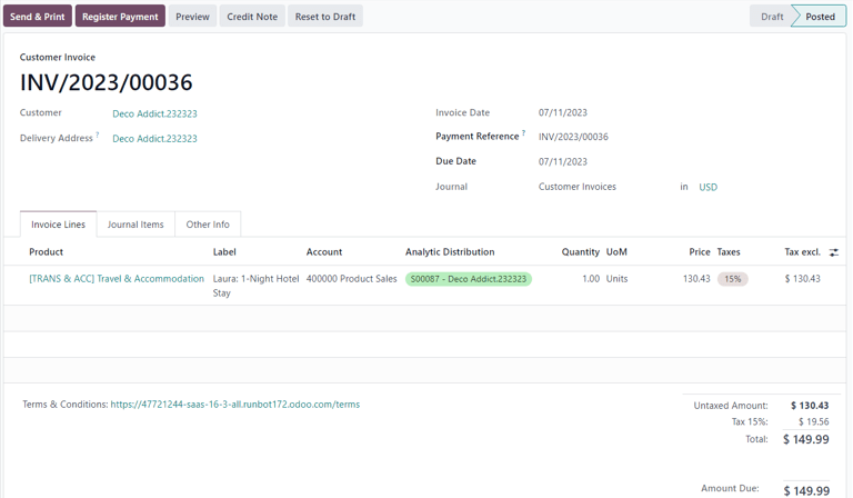 Sample customer invoice for an expense generated from a sales order in ViableView Sales.