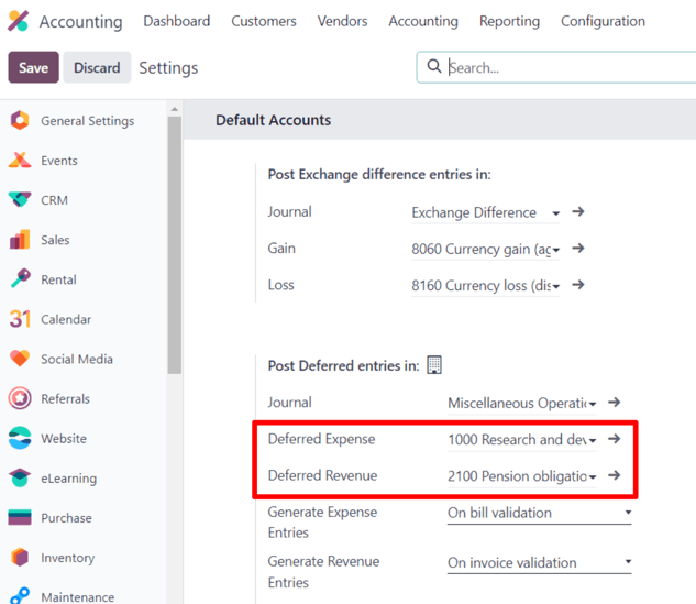 The necessary deferred account settings in the ViableView Accounting app's settings page.
