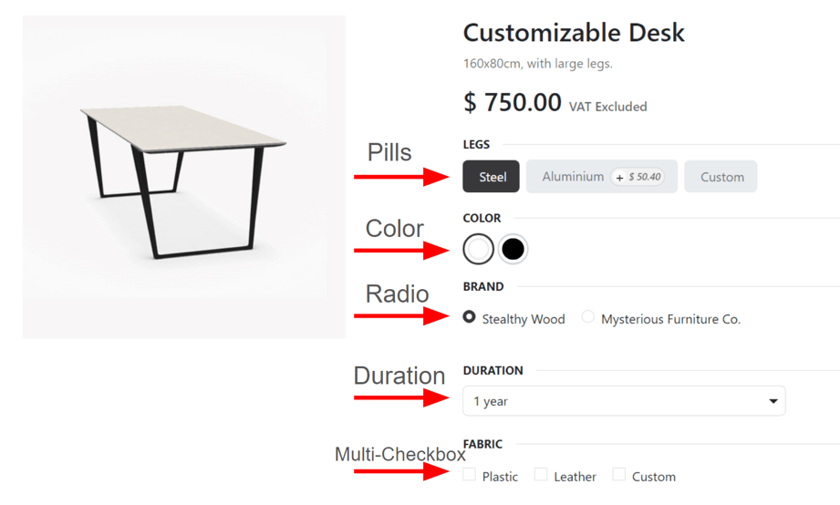 Display Types on Product Configurator on the online store in ViableView.