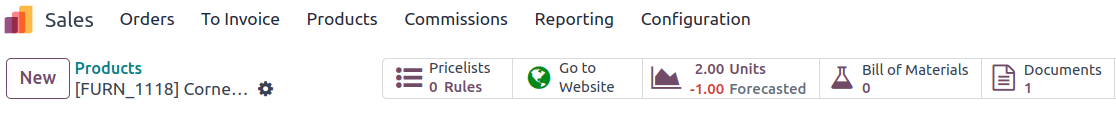The Documents smart button on a product form in ViableView Sales.
