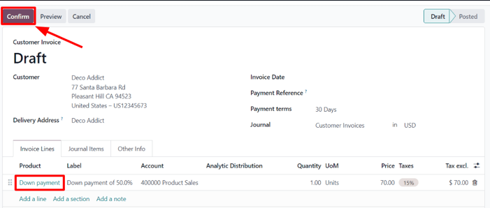 A sample draft invoice with down payment mentioned in ViableView Sales.