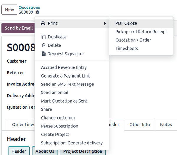Print pdf quote option on drop-down menu located on confirmed sales order in ViableView Sales.