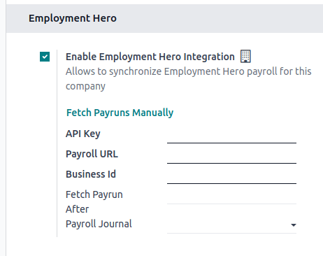 Enabling Employment Hero Integration in ViableView Accounting displays new fields in the settings