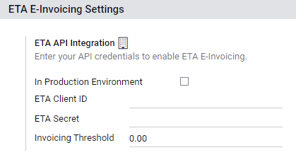 Configuration of the ETA E-Invoicing credentials in ViableView Accounting