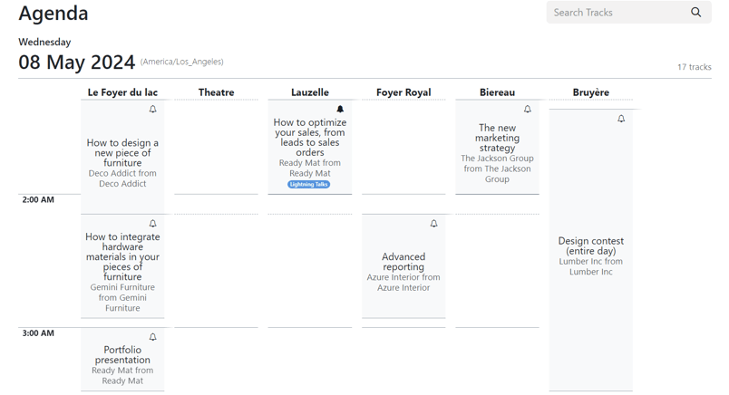 The event Agenda page on the event website built with the ViableView Events application.