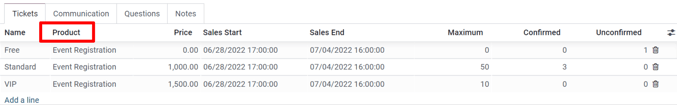 View of an event form highlighting the column product under the tickets tab in ViableView.