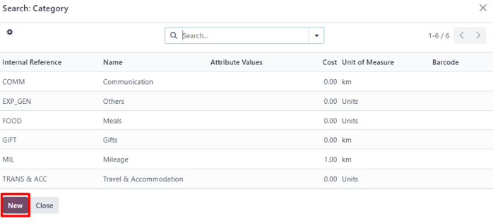 The Search:Category expenses pop-up window from a blank expenses form in ViableView Expenses.