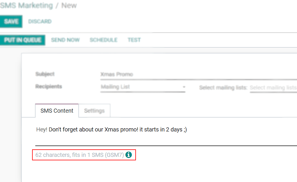 Number of GSM7 characters that fit in an SMS message in ViableView SMS Marketing.